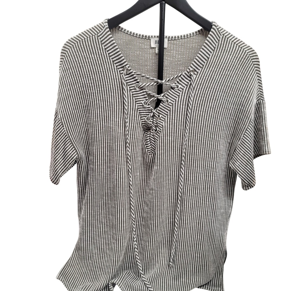 BKE Women Striped Lace Up V Neck Short Sleeve Top XS Olive Green White Casual